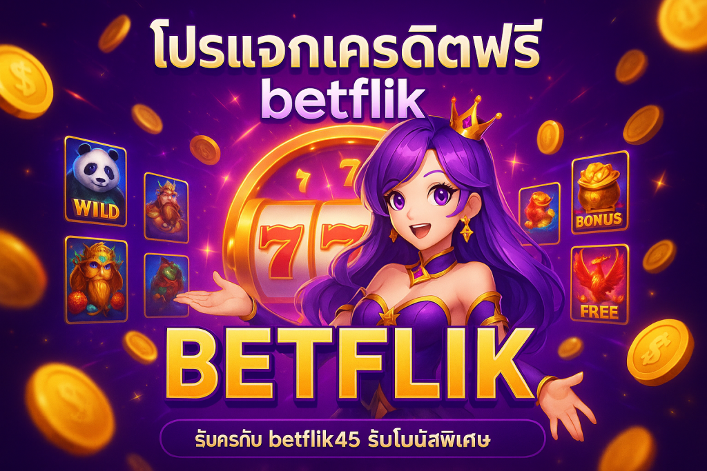 แบนเนอร์โปรแจกเครดิตฟรี betflik45 แสดงไอคอนสล็อต เหรียญของรางวัล และปุ่มสมัคร