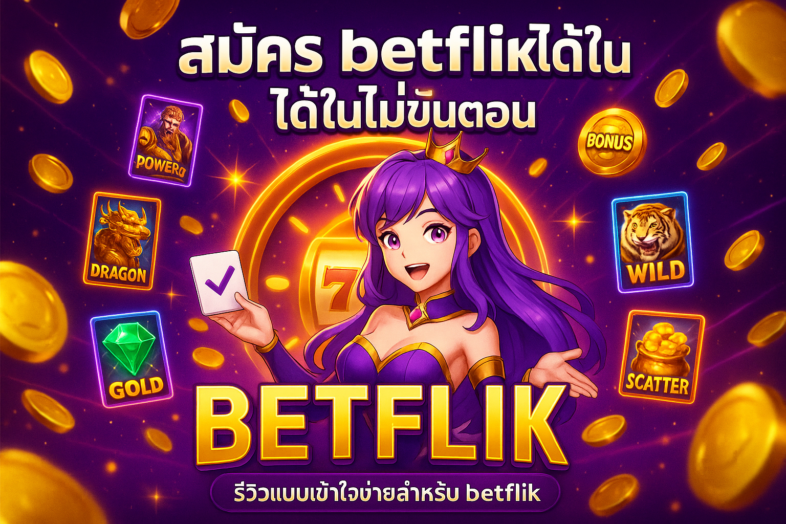 ภาพอธิบายการสมัคร betflik เป็น 3 ขั้นตอน บนหน้าจอโทรศัพท์ พร้อมไอคอนฟอร์ม ยืนยัน และเริ่มเล่น